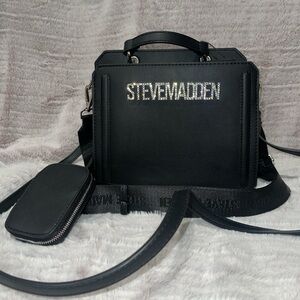 Steve Madden Bevelyn Bedazzled Black Boxy Handbag with Silver Logo